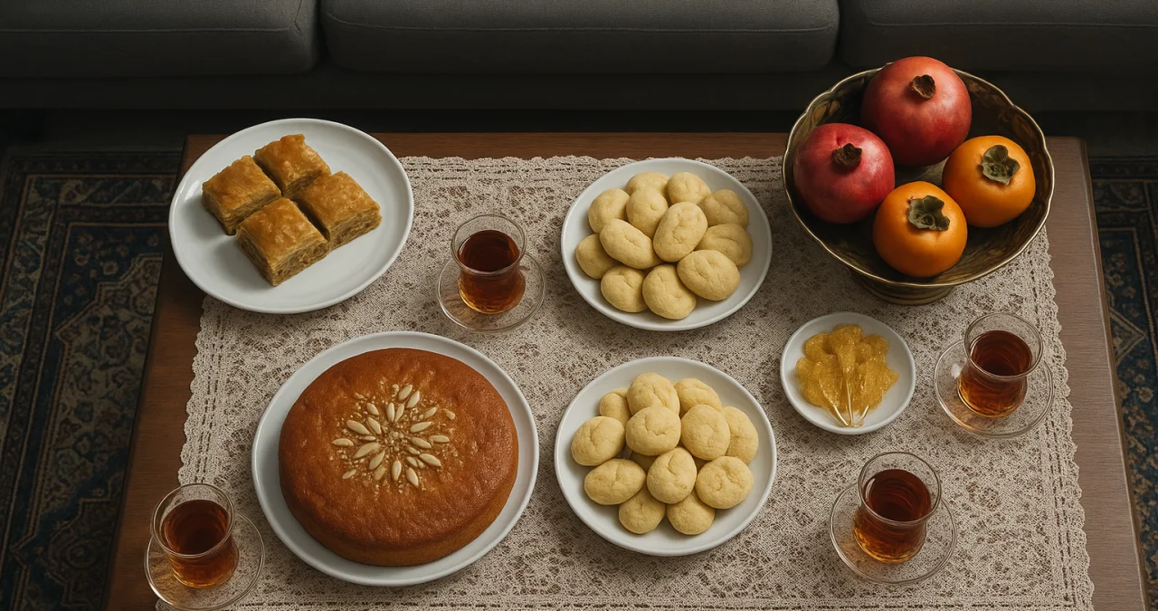 میز عصرانه مهمانی با کیک یزدی، باقلوا، نان برنجی و میوه فصل